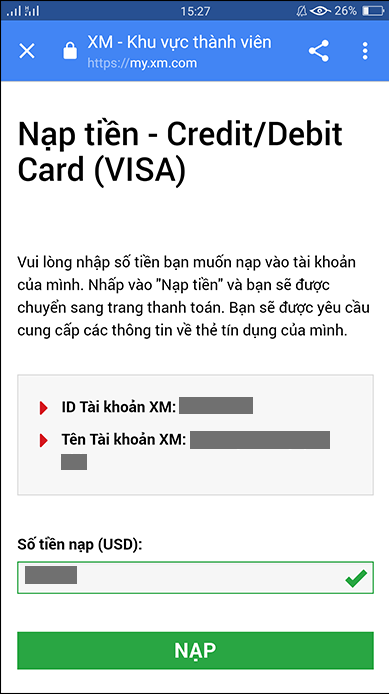 nạp tiền xm credit card/debit card (visa)